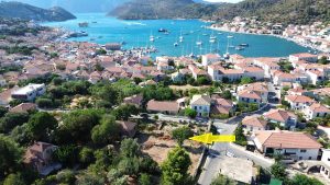 Aerial view and location of land for sale in Ithaca Greece Vathi