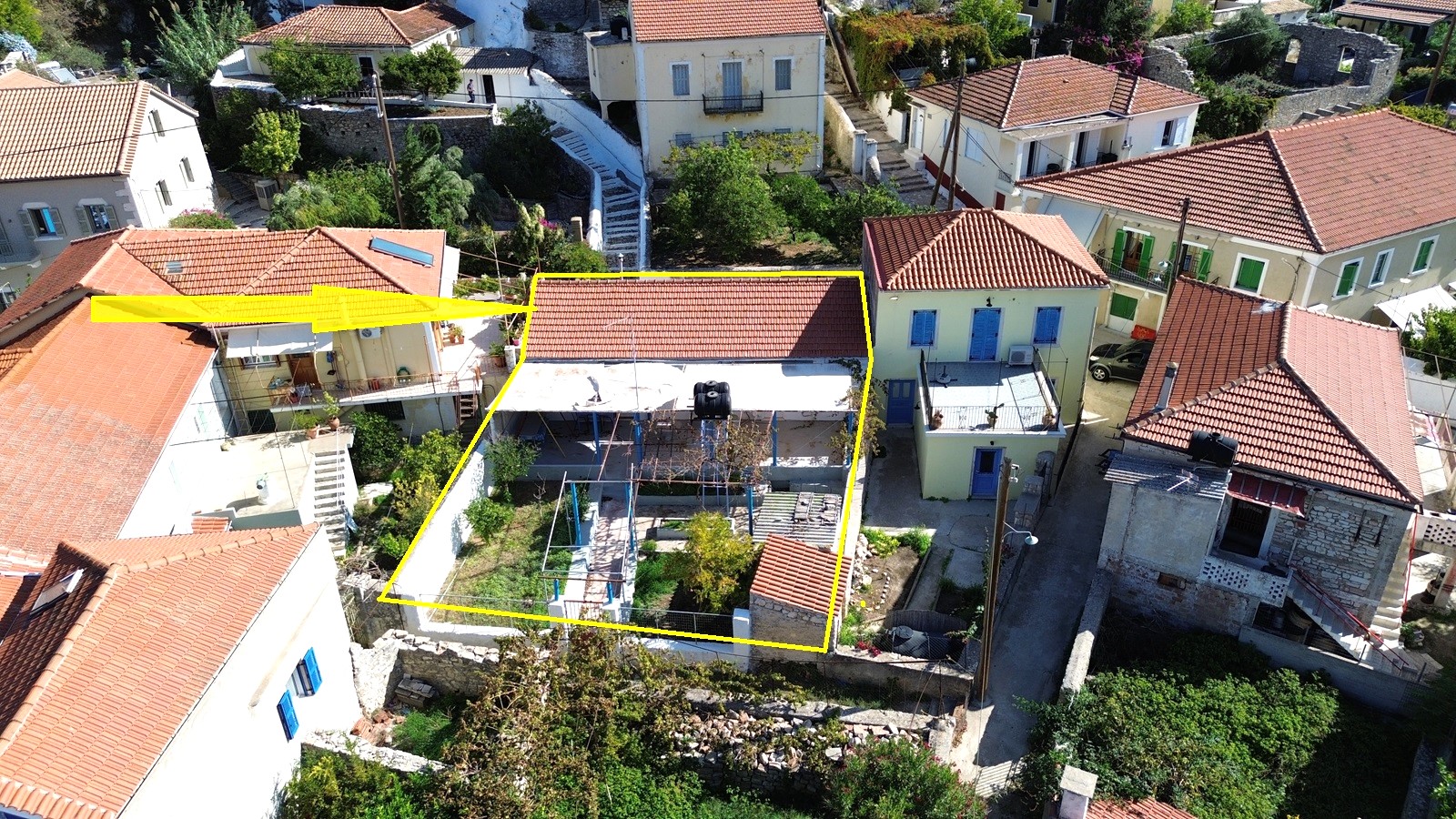 Aerial view with location and border of house for sale in Ithaca Greece Vathi