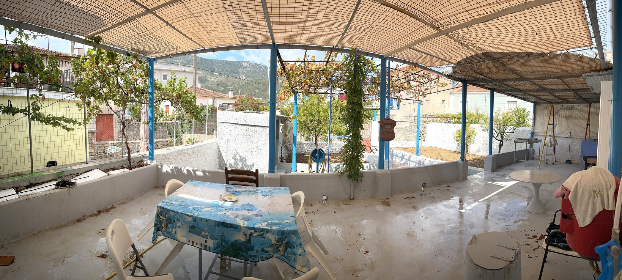 Panoramic view of the covered veranda of house for sale in Ithaca Greece Vathi