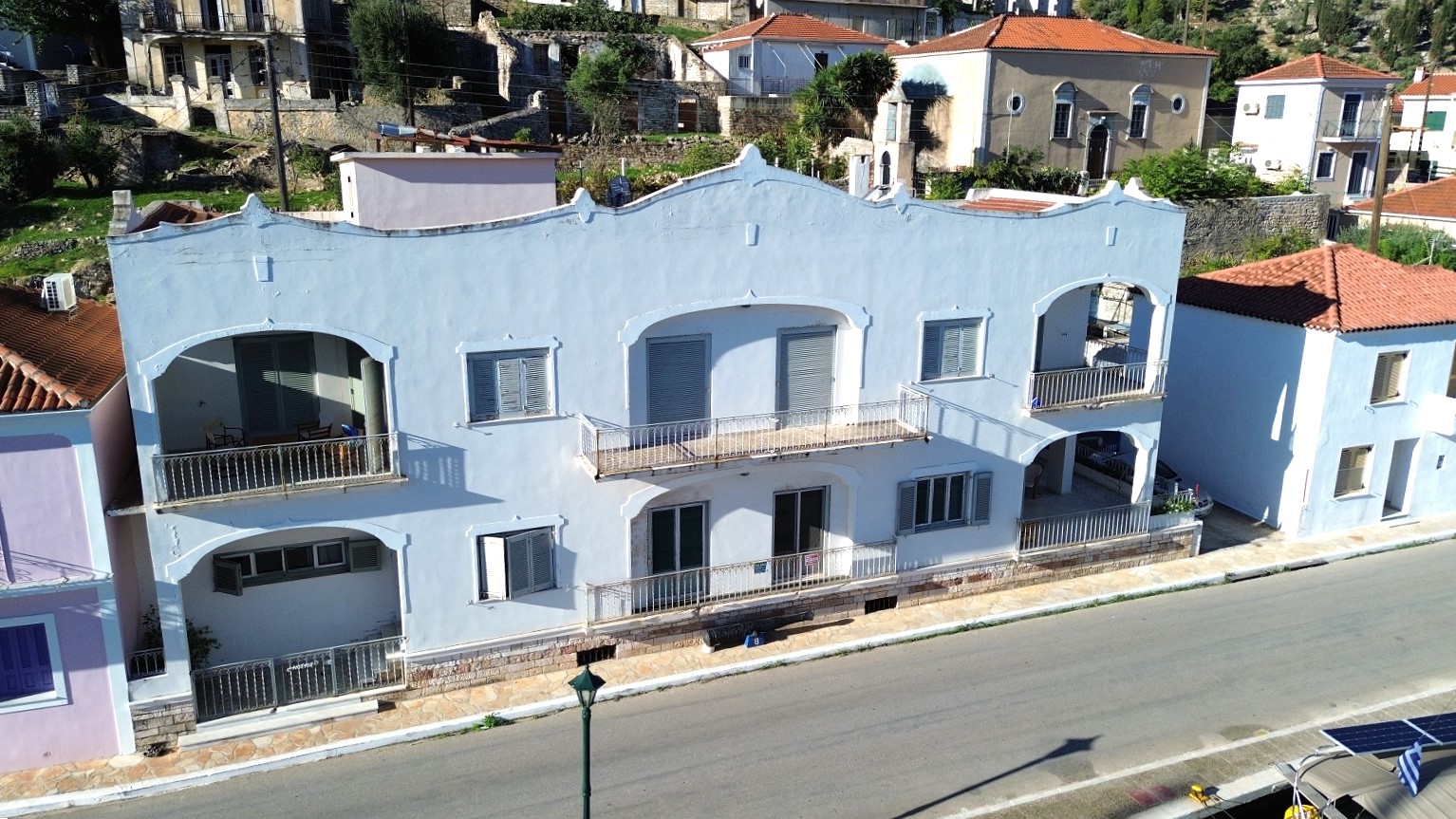 Aerial front view of house for sale in Ithaca Greece Vathi