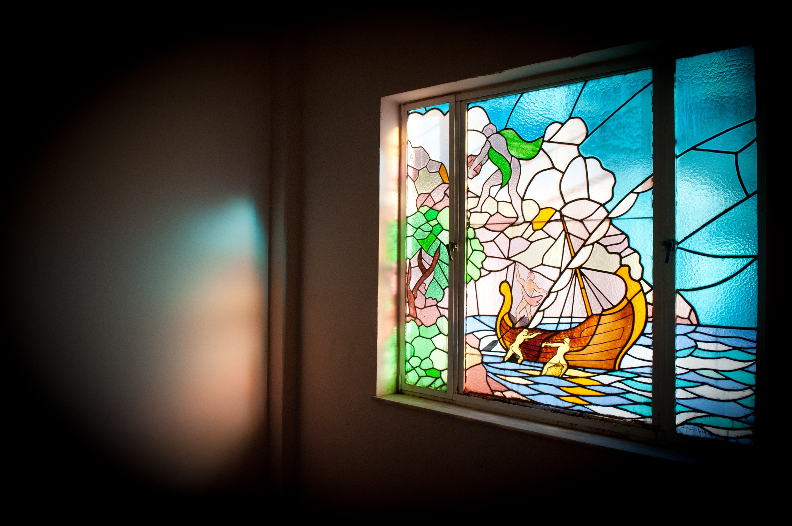 Stained glass window of house for sale in Ithaca Greece Vathi