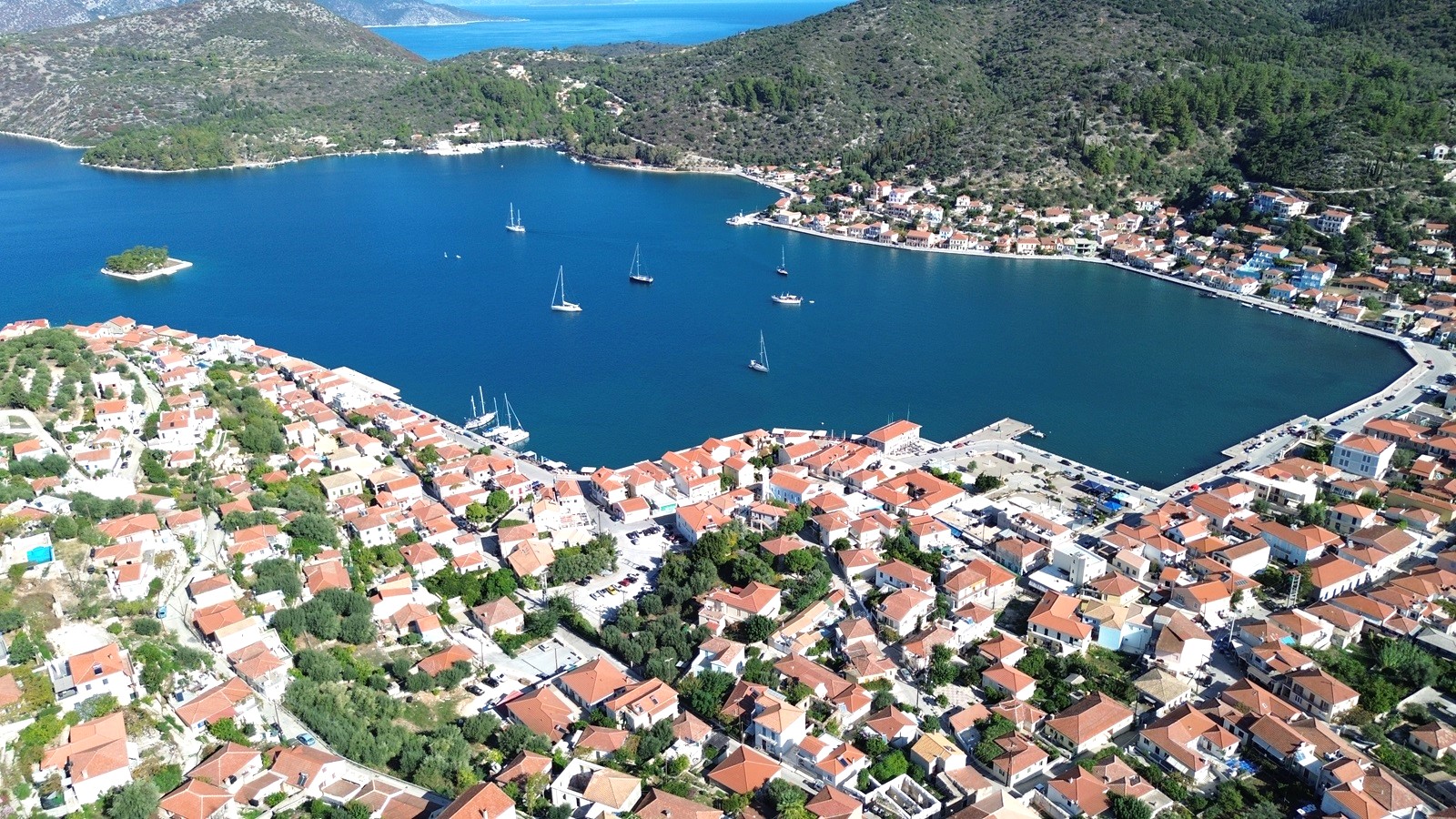 Aerial view of the area of house for sale in Ithaca Greece Vathi