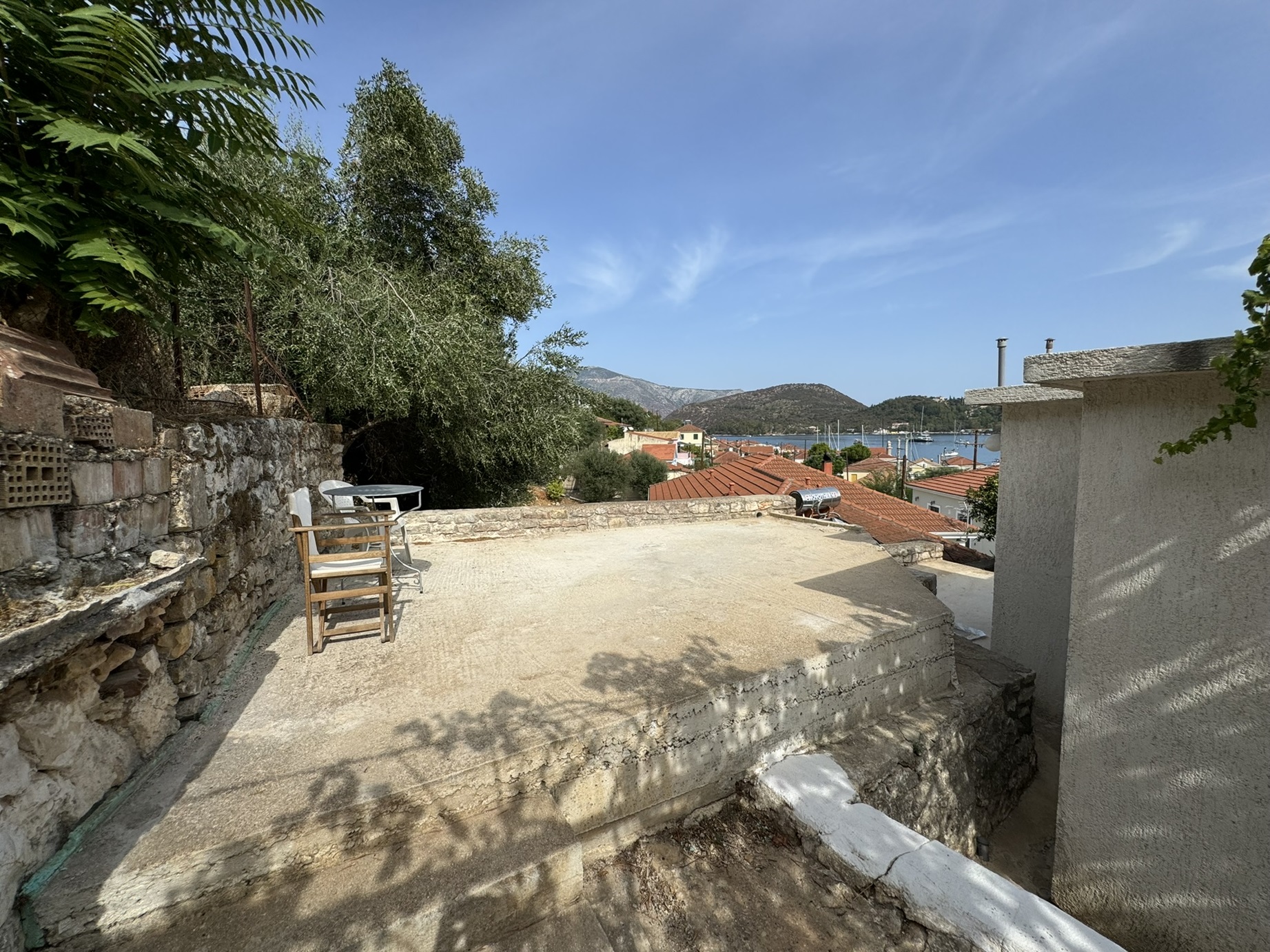 Terrace and views of house for sale in Ithaca Greece Vathi