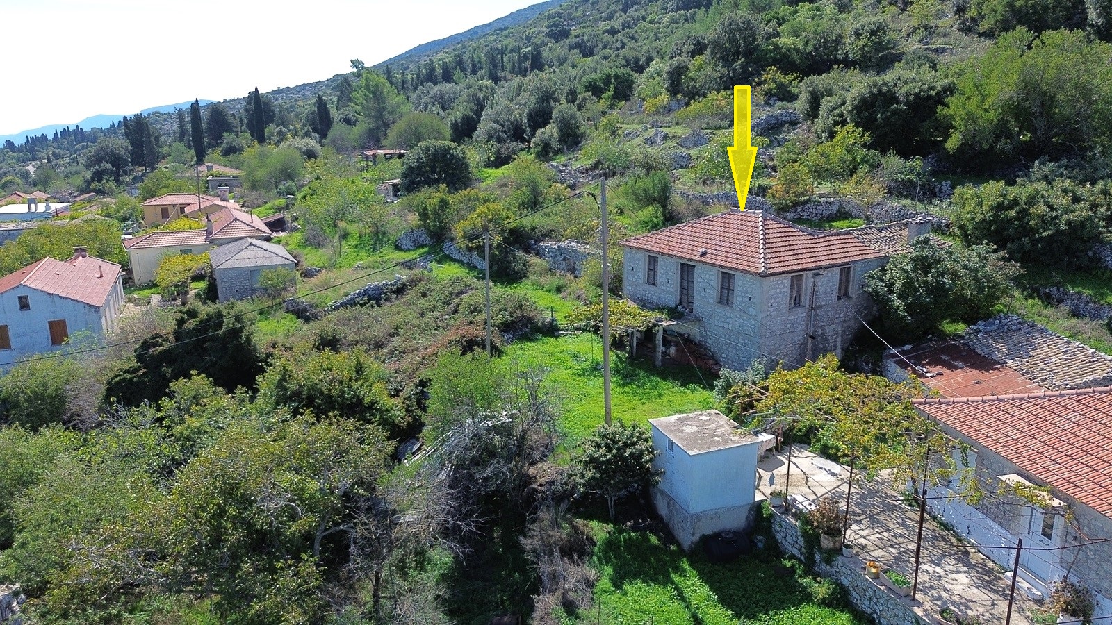 Aerial view and location of house for sale in Ithaca Greece Anoghi