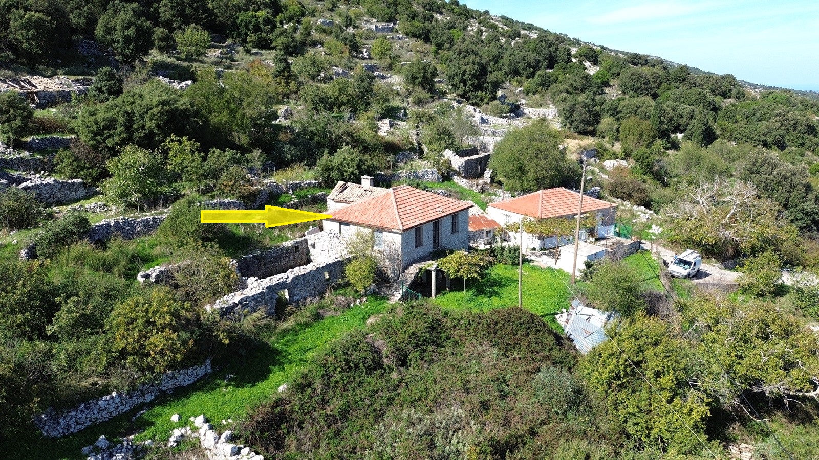 Aerial view and location of house for sale in Ithaca Greece Anoghi