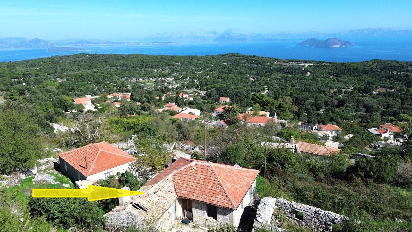 Aerial view with location of house for sale in Ithaca Greece Anoghi