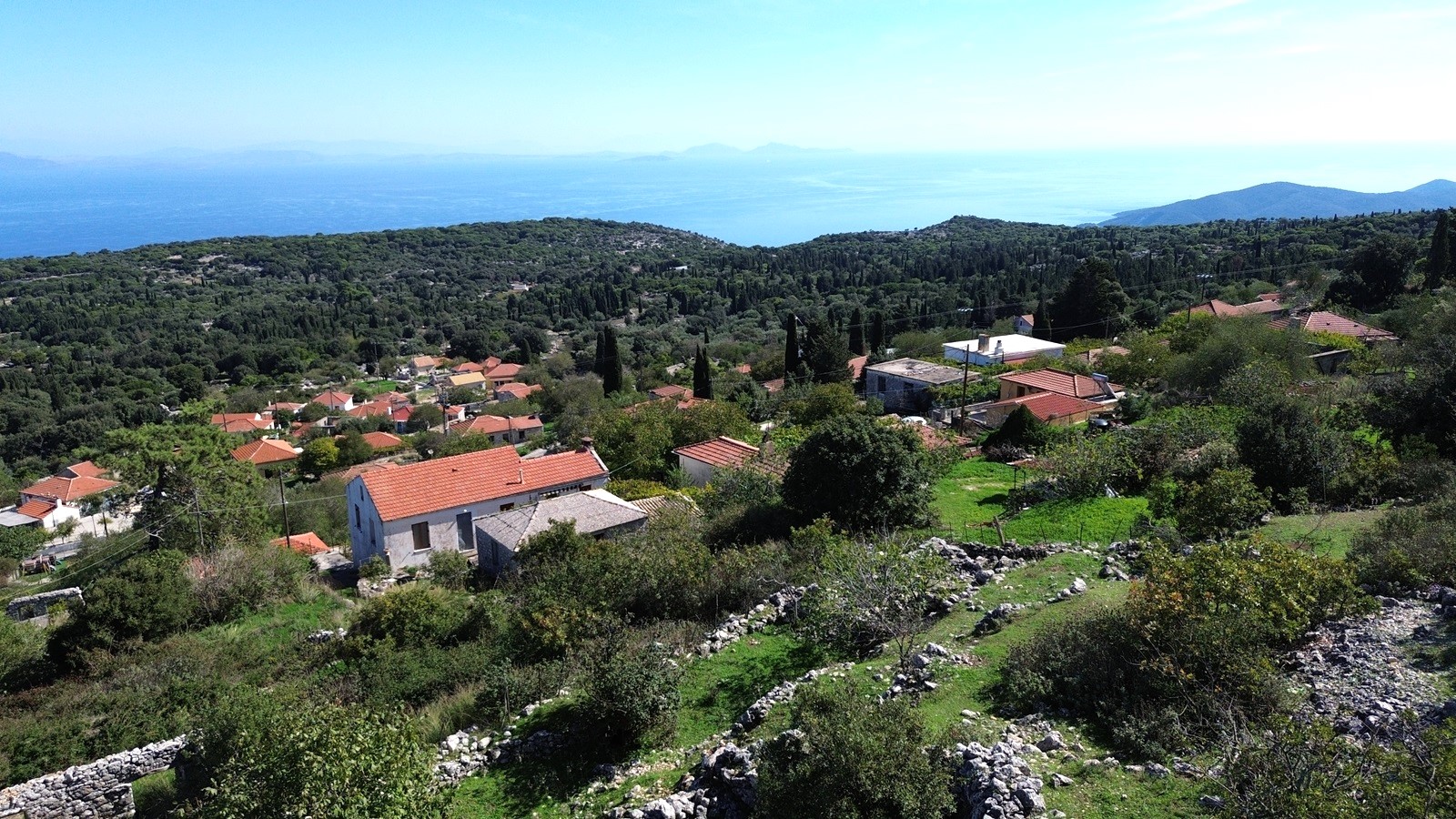 Aerial view of house for sale in Ithaca Greece Anoghi