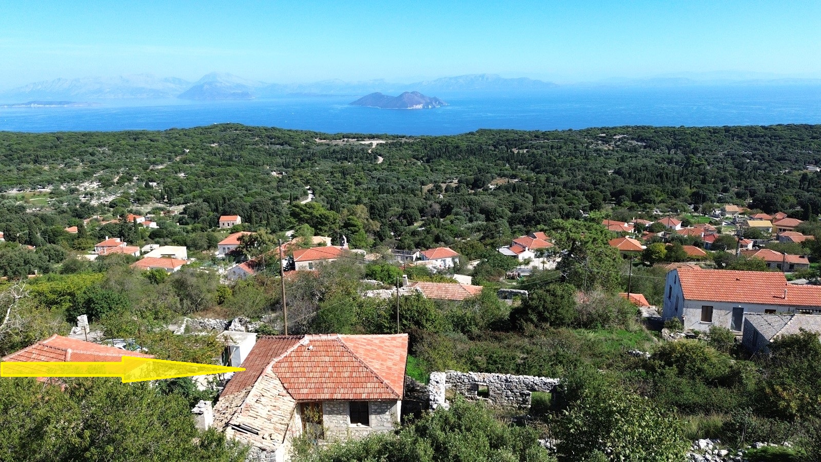 Aerial view with location of house for sale in Ithaca Greece Anoghi