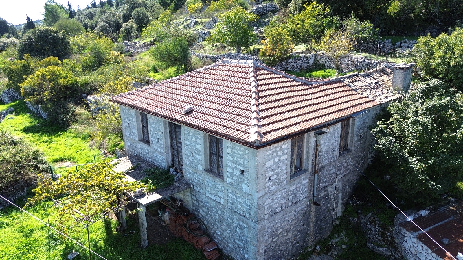 Aerial view of house for sale in Ithaca Greece Anoghi