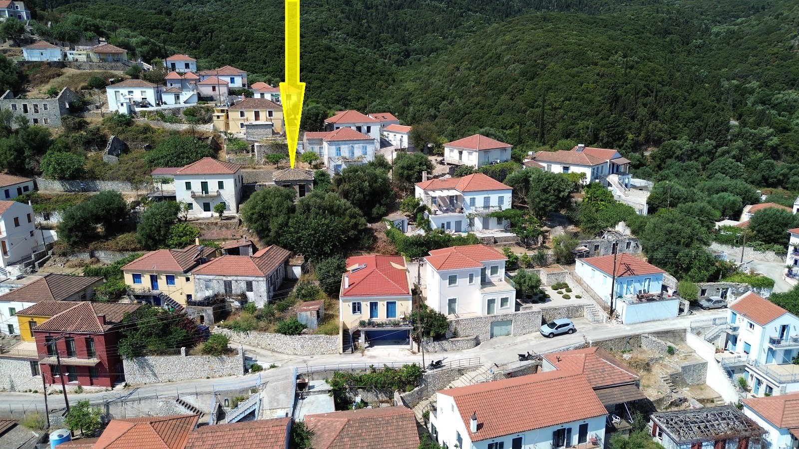 Aerial view and location of house for sale in Ithaca Greece Kioni