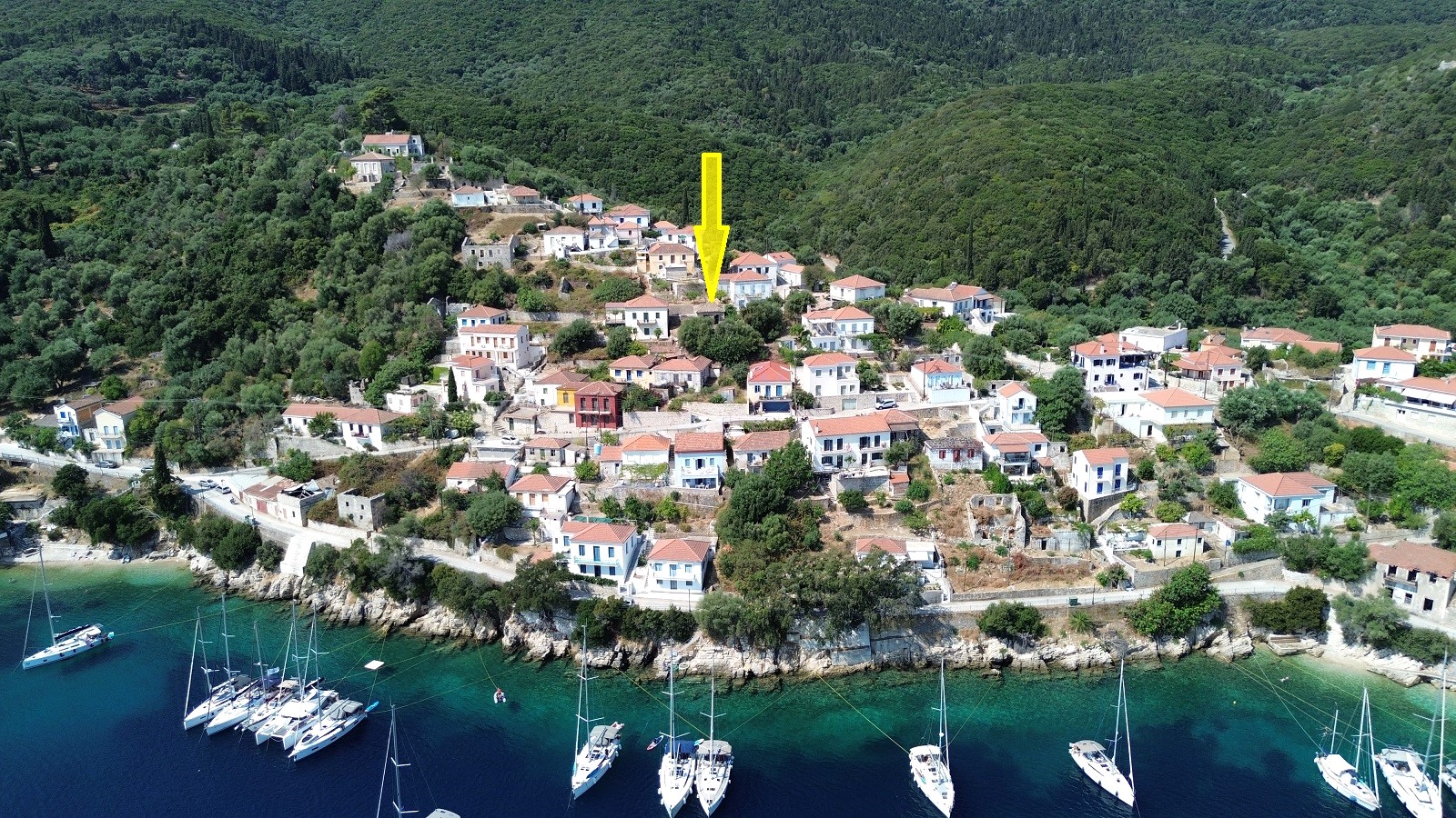 Aerial view and location of house for sale in Ithaca Greece Kioni