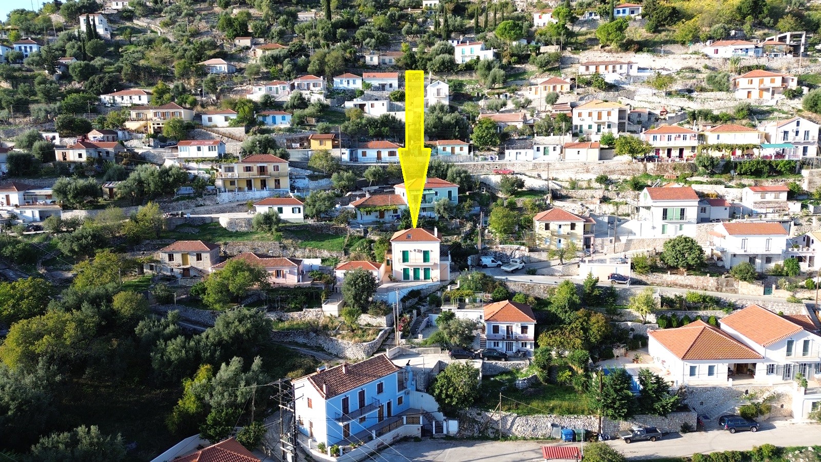 Aerial view and location of house for sale in Ithaca Greece Perachori