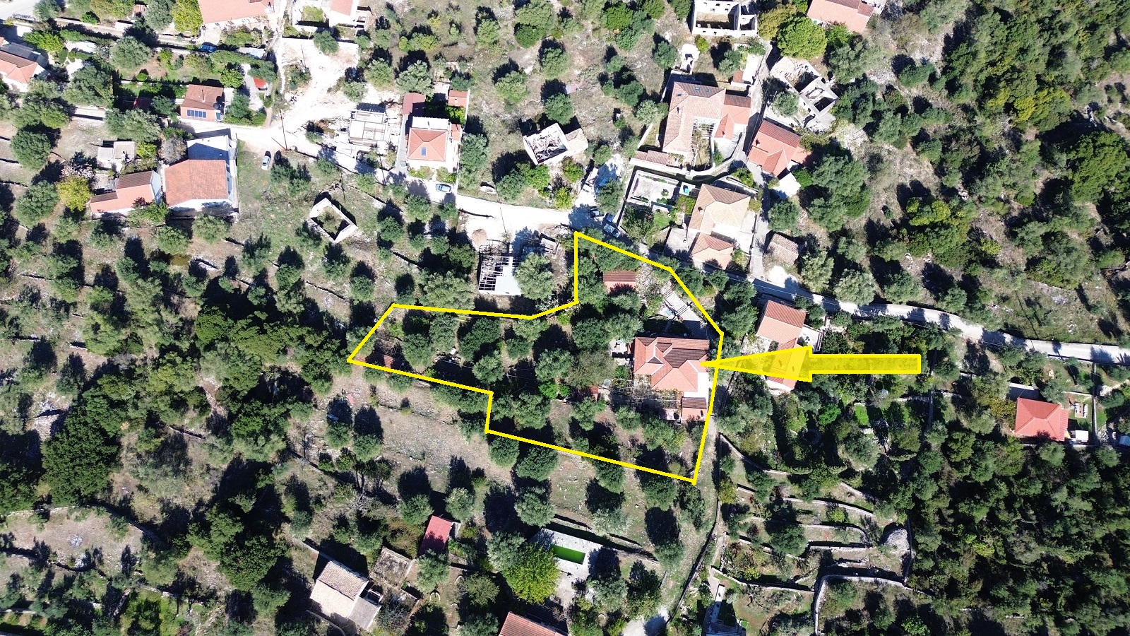 Aerial view with location and border of house for sale in Ithaca Greece Stavros