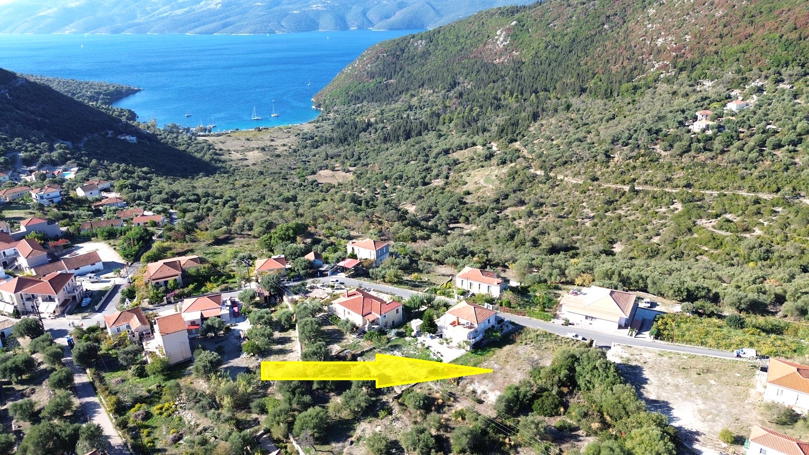 Aerial view and location of land for sale in Ithaca Greece Stavros