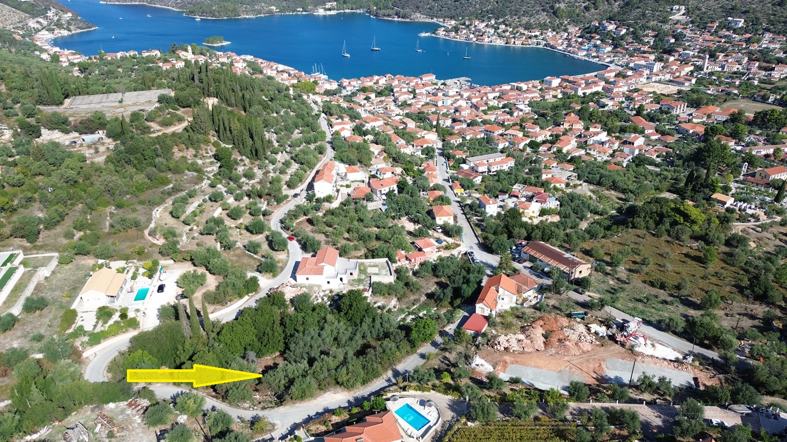 Aerial view and location of land for sale in Ithaca Greece Vathi