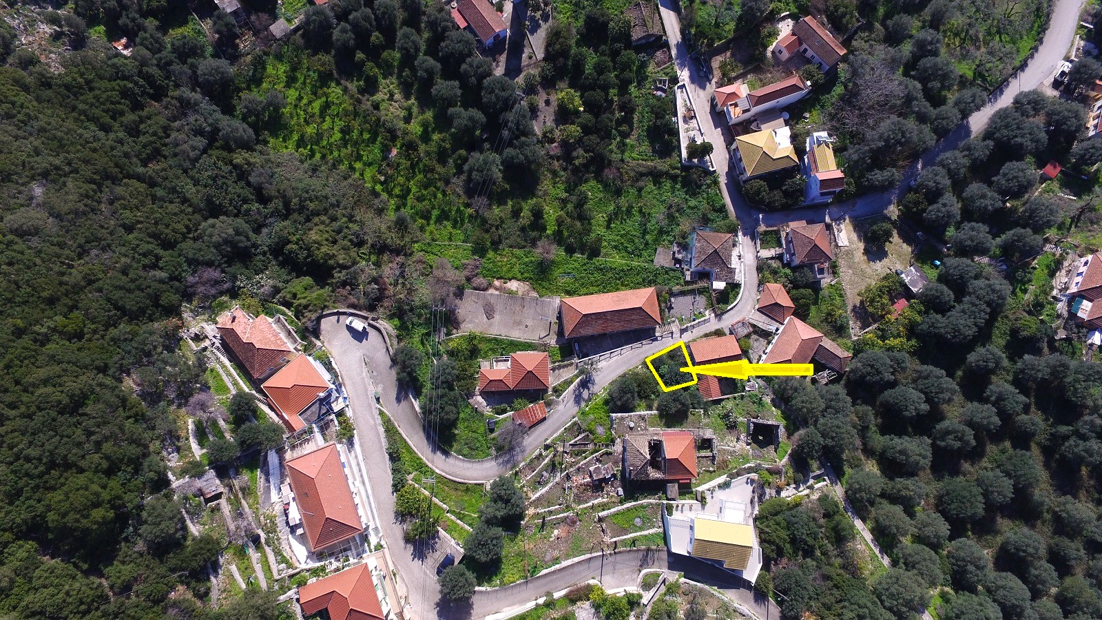 Aerial view with border and location of land for sale in Ithaca Greece Kioni