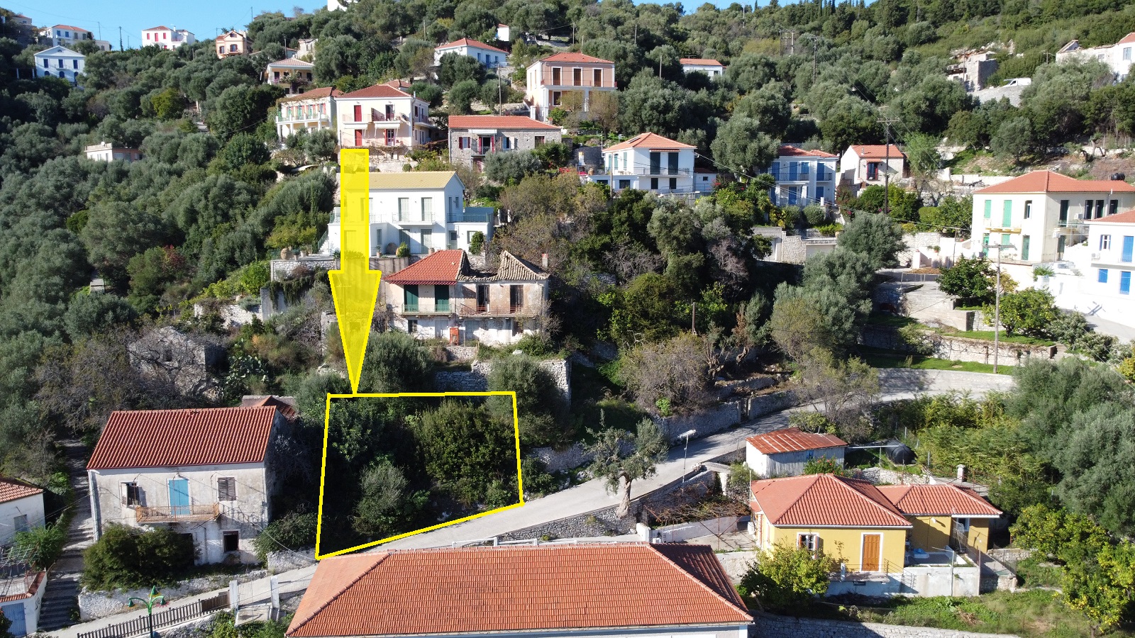 Aerial view with border and location of land for sale in Ithaca Greece Kioni