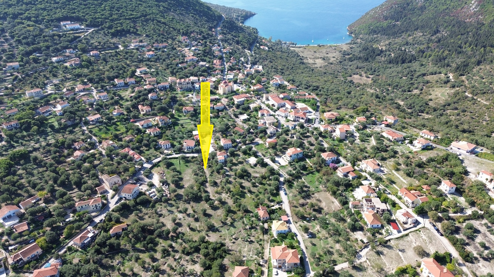 Aerial view with location of land for sale in Ithaca Greece Stavros