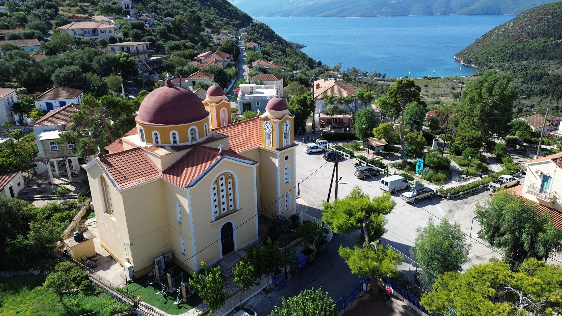 Aerial view of the Stavros square close to land for sale in Ithaca Greece Stavros