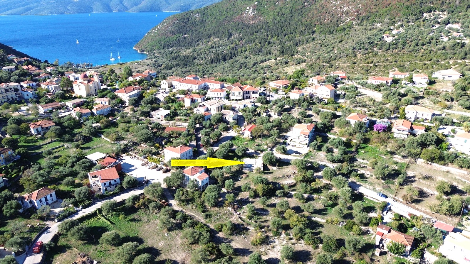 Aerial view and location of land for sale in Ithaca Greece, Stavros