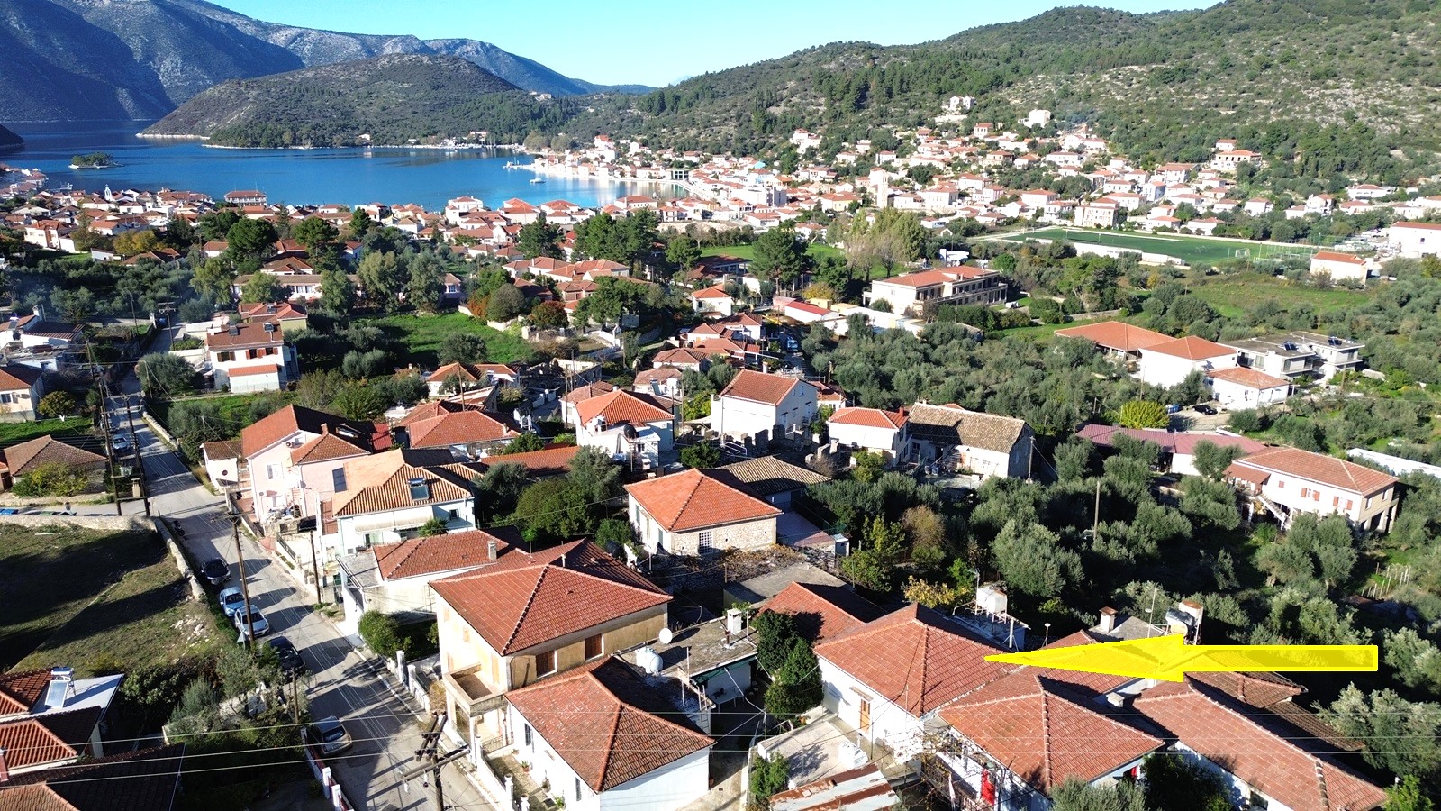 Aerial view and location of house for sale in Ithaca Greece, Vathi