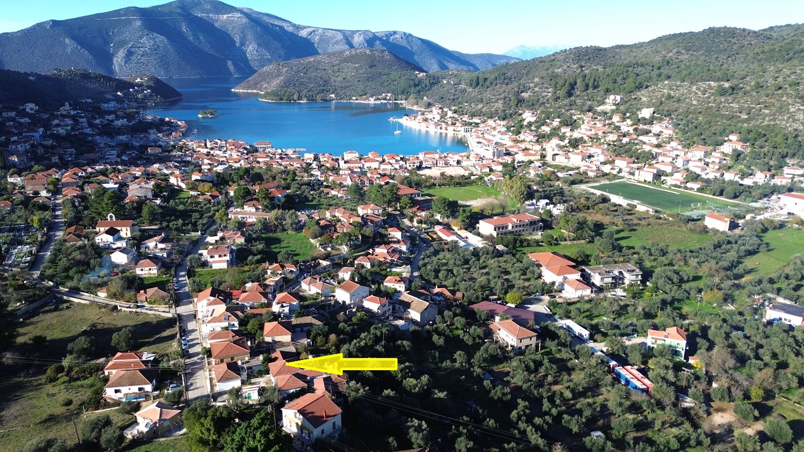 Aerial view and location of house for sale in Ithaca Greece, Vathi