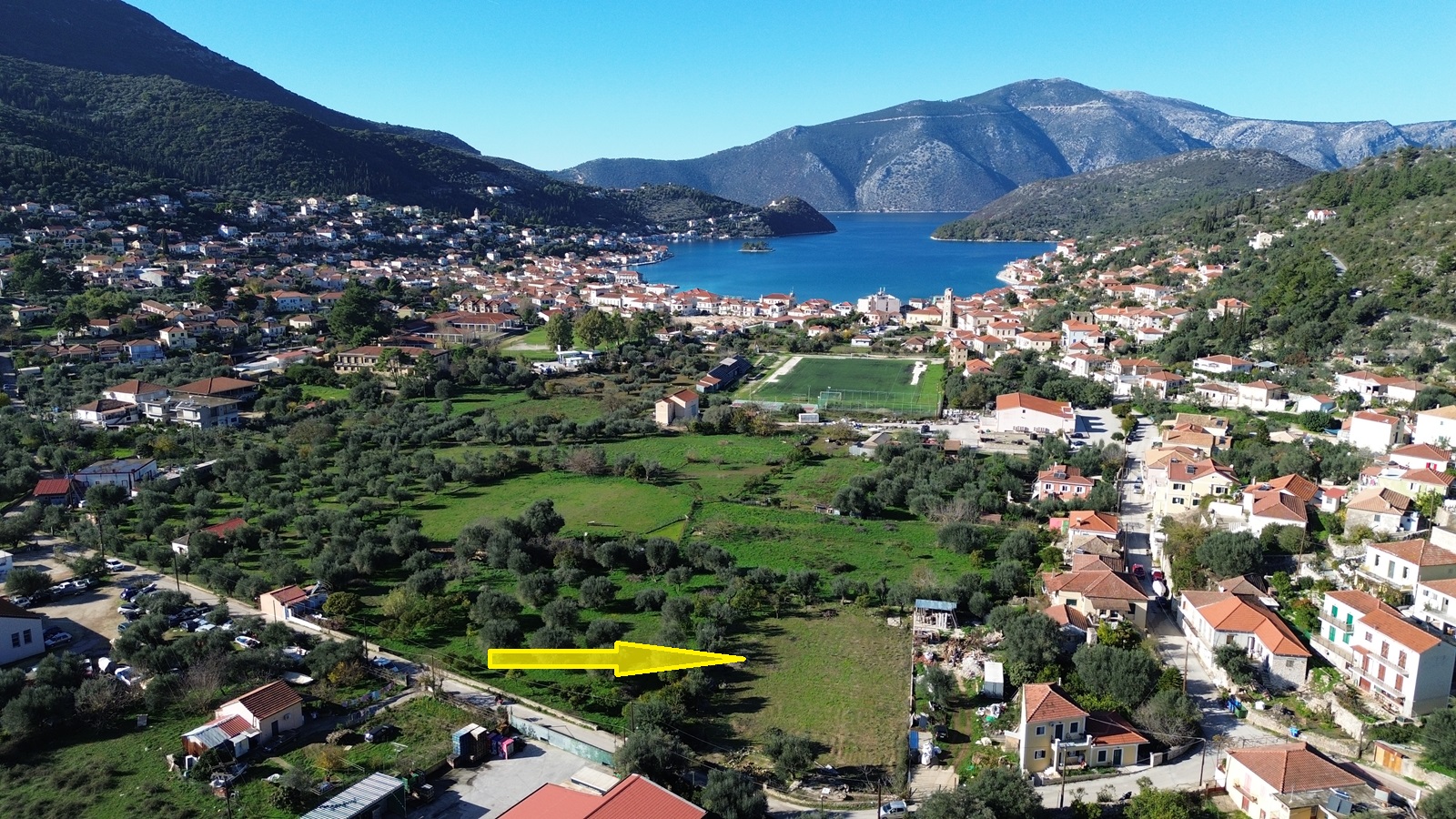 Aerial view and location of land for sale in Ithaca Greece, Vathi