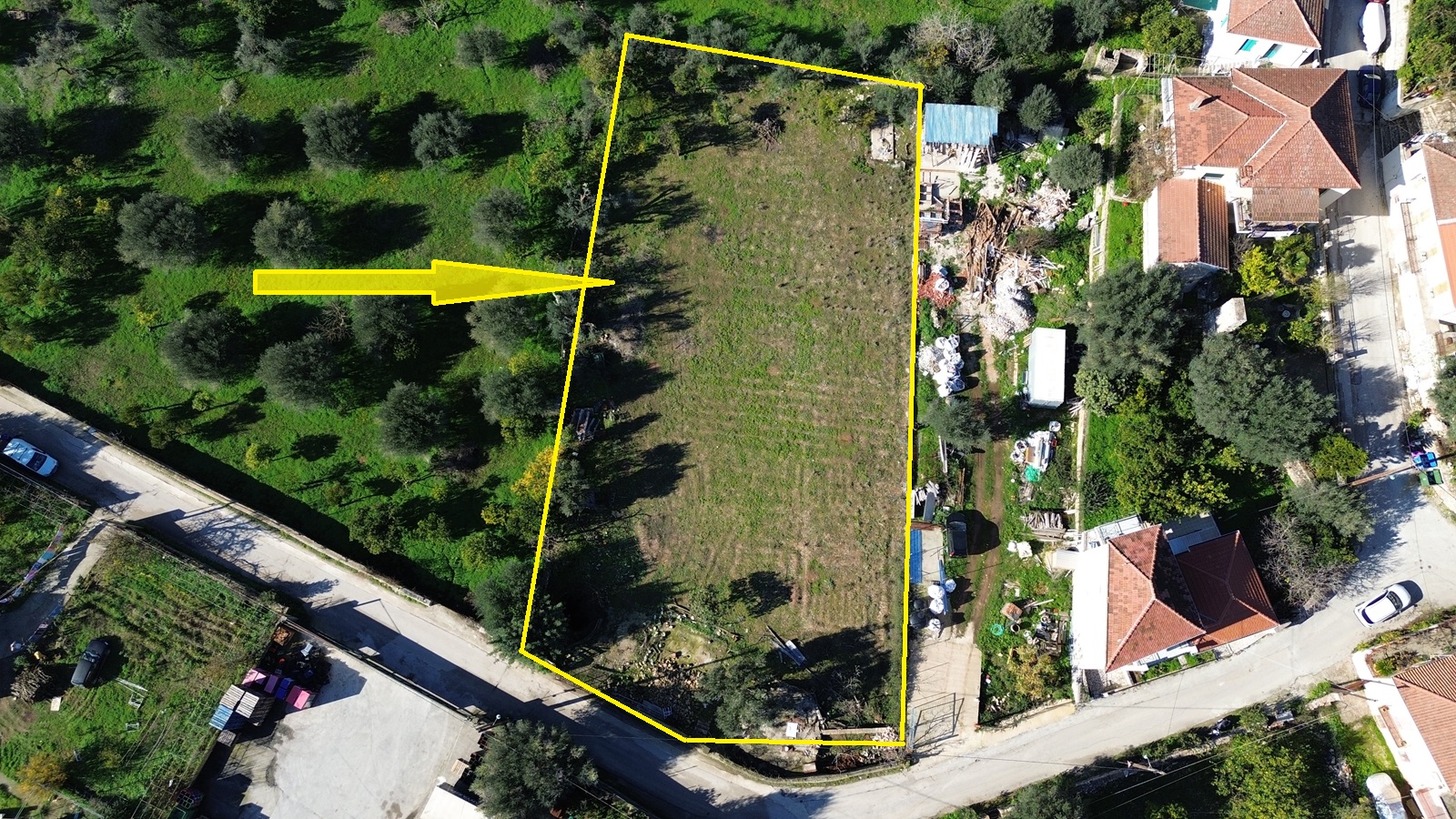 Aerial view with location and border of land for sale in Ithaca Greece, Vathi