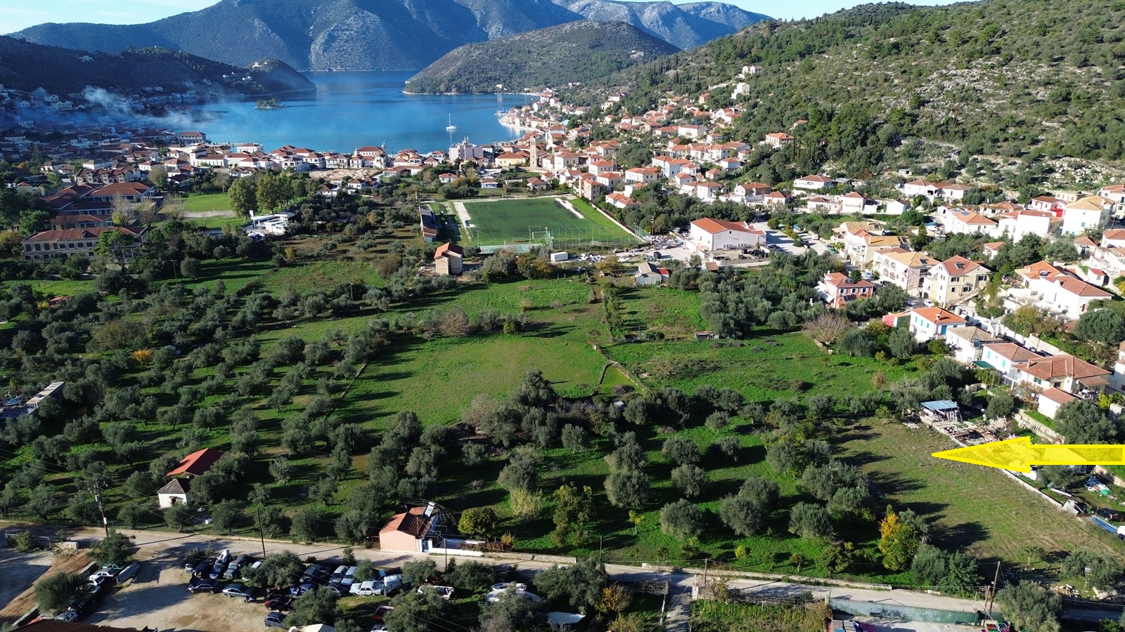 Aerial view and location of land for sale in Ithaca Greece, Vathi