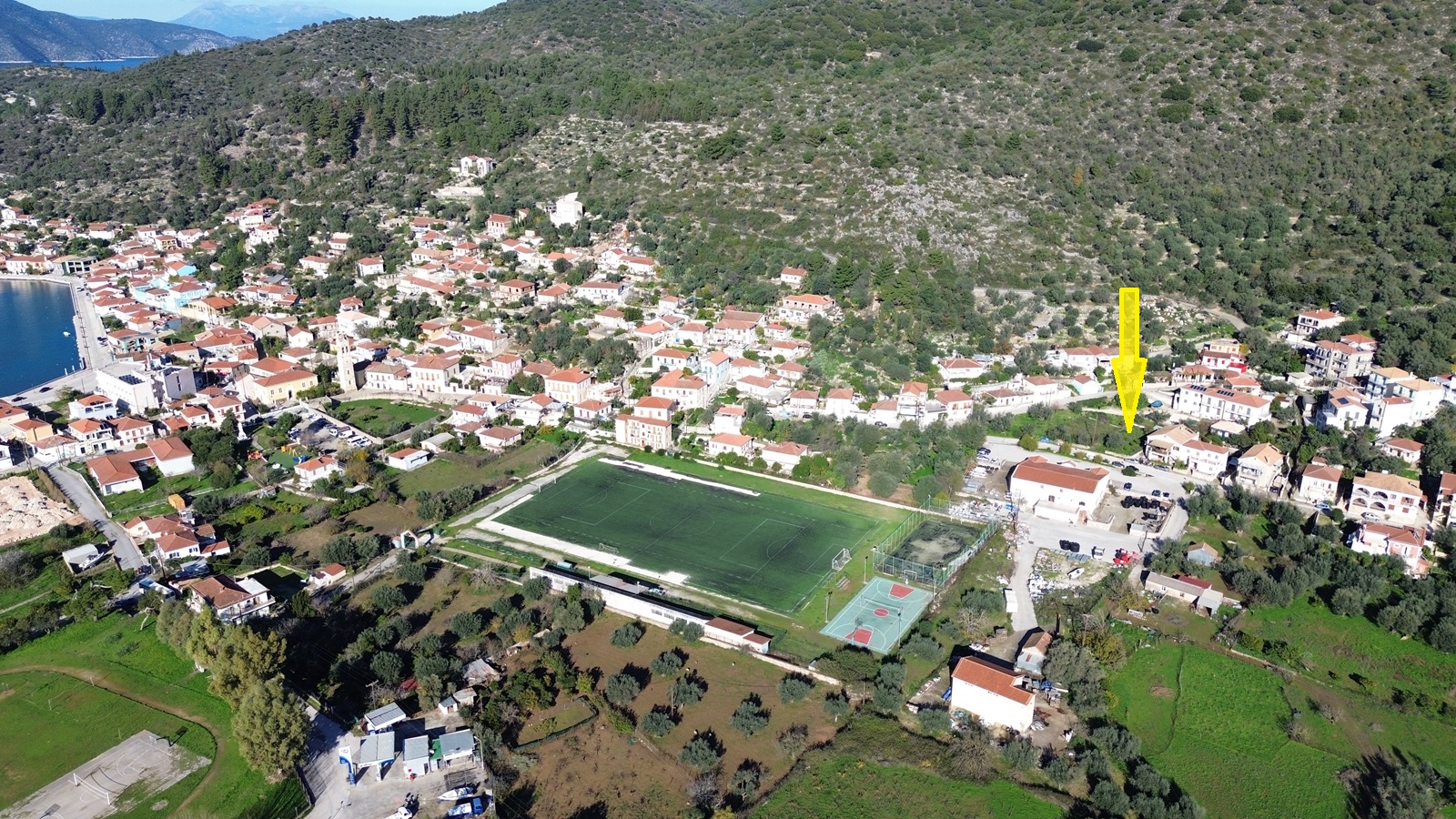 Aerial view and location of land for sale in Ithaca Greece, Vathi