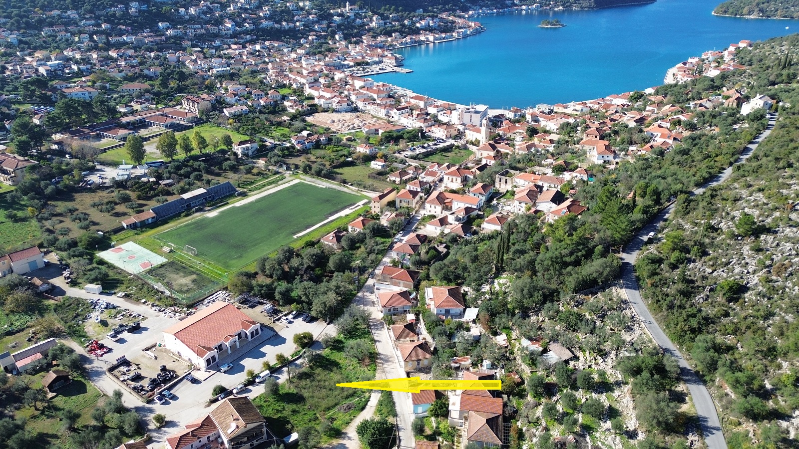 Aerial view and location of land for sale in Ithaca Greece, Vathi