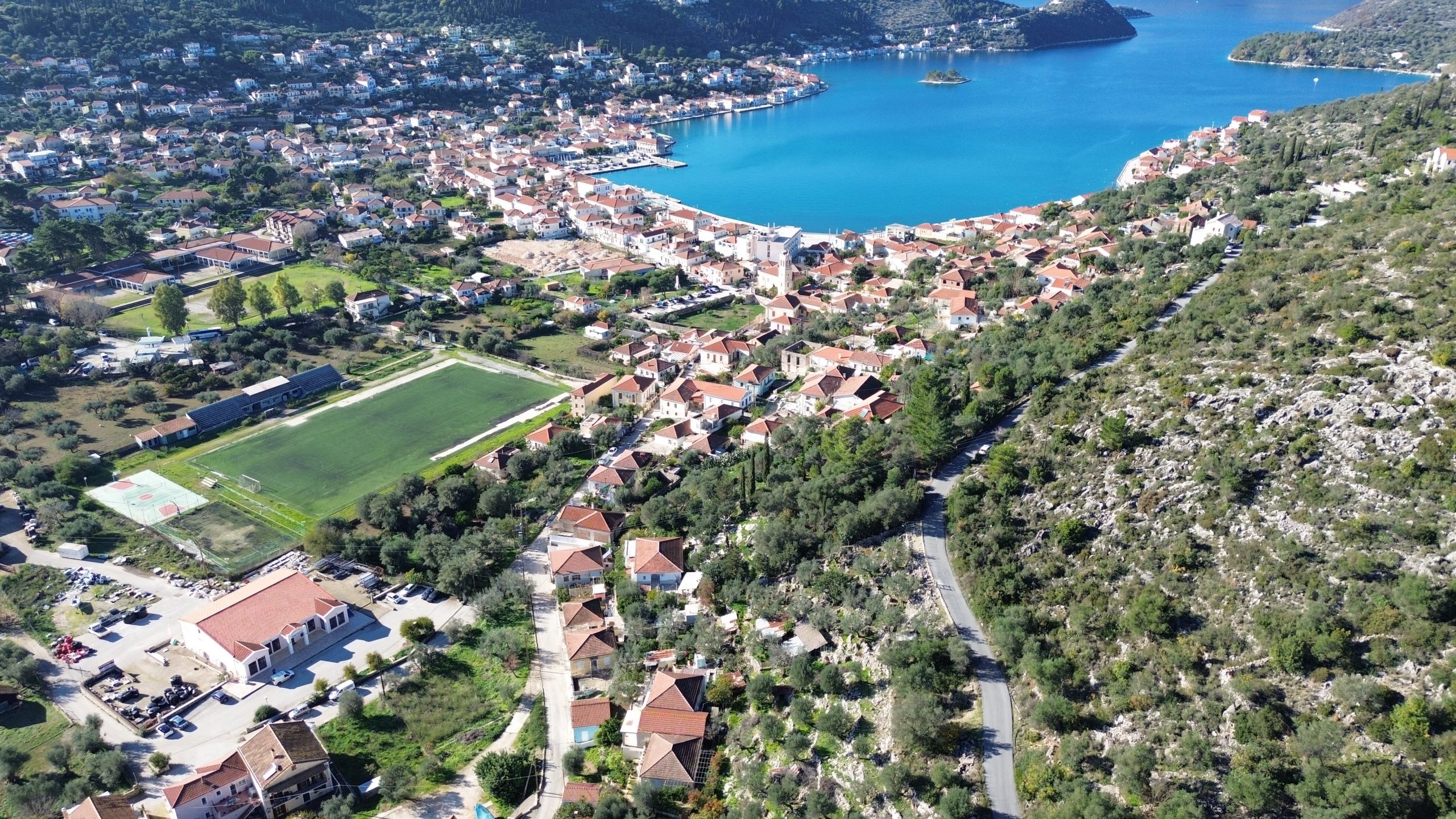 Aerial view of land for sale in Ithaca Greece, Vathi