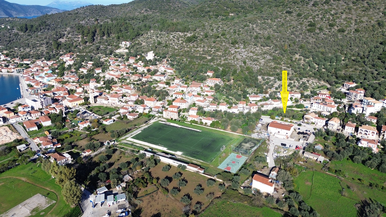 Aerial view and location of land for sale in Ithaca Greece, Vathi