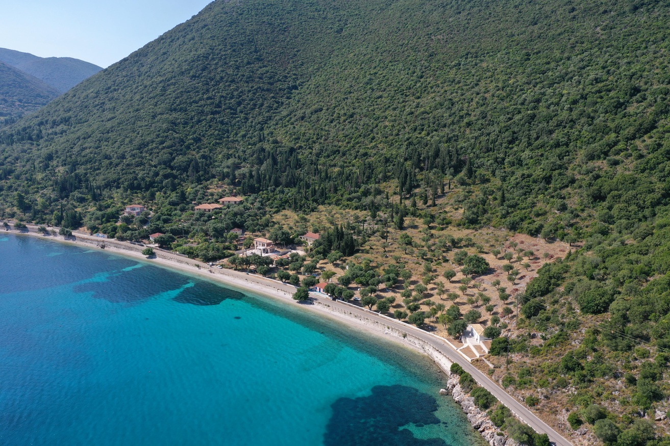 Aerial view of waterfront land for sale in Ithaca Greece, Aetos