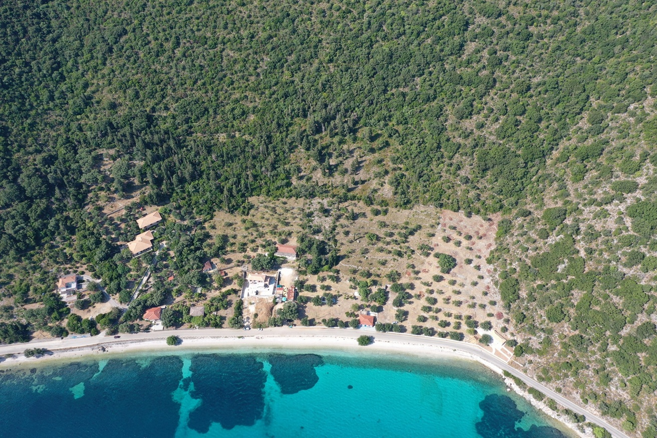 Aerial view of waterfront land for sale in Ithaca Greece, Aetos