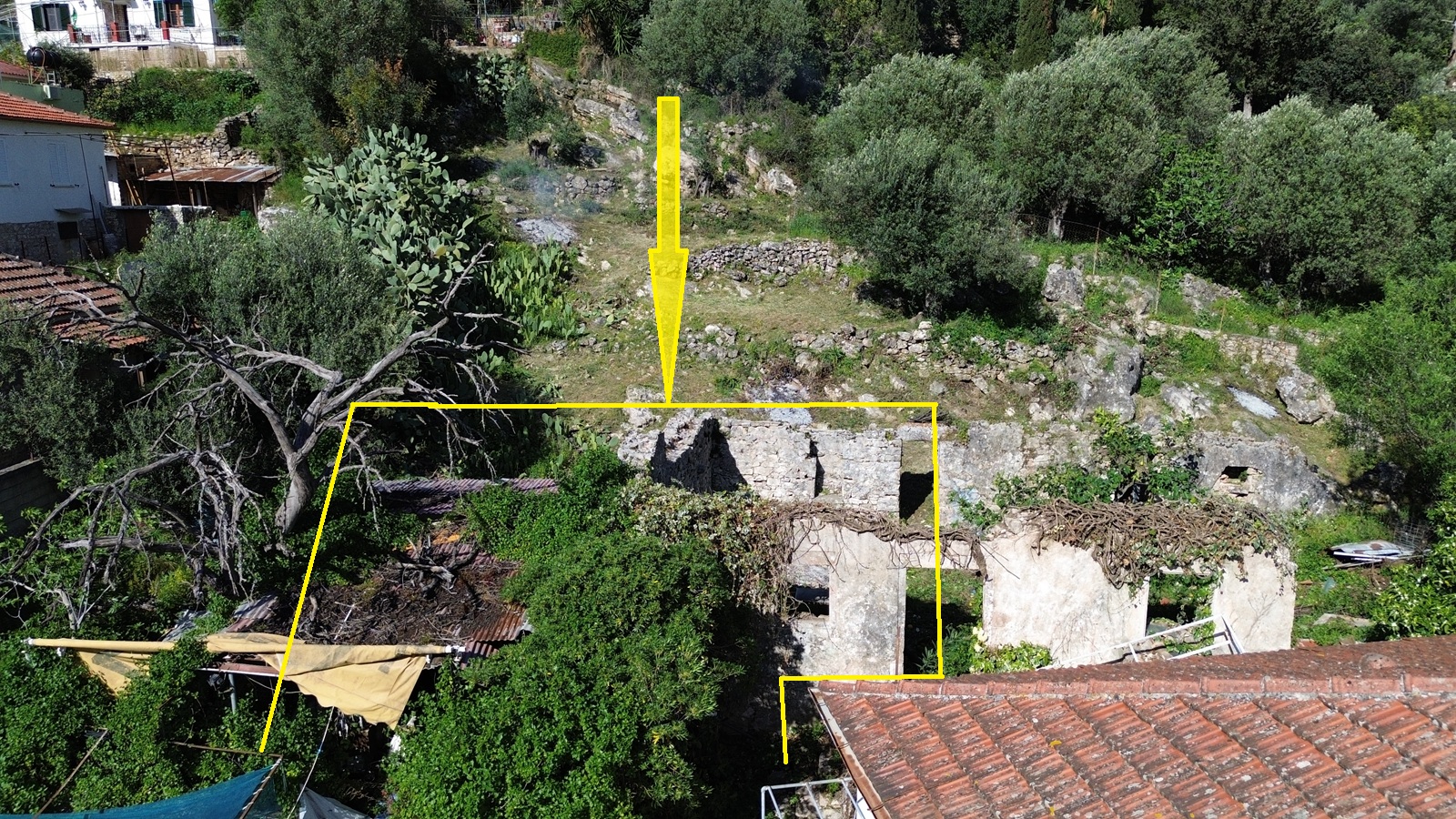 Aerial view with border of ruin for sale in Ithaca Greece, Vathi