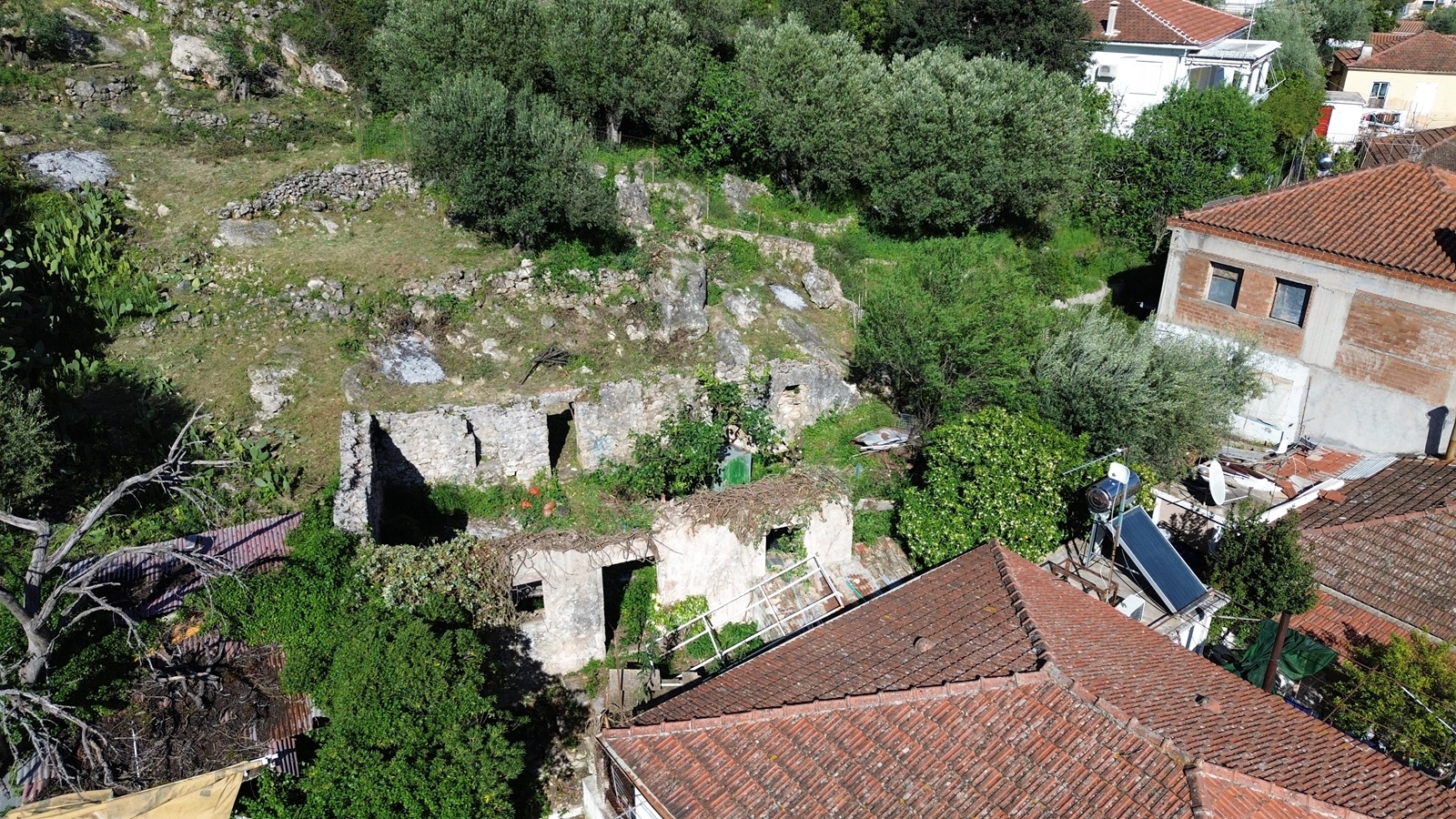 Aerial view of ruin for sale in Ithaca Greece, Vathi