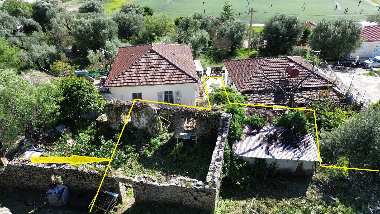 Aerial view with border of ruin for sale in Ithaca Greece, Vathi