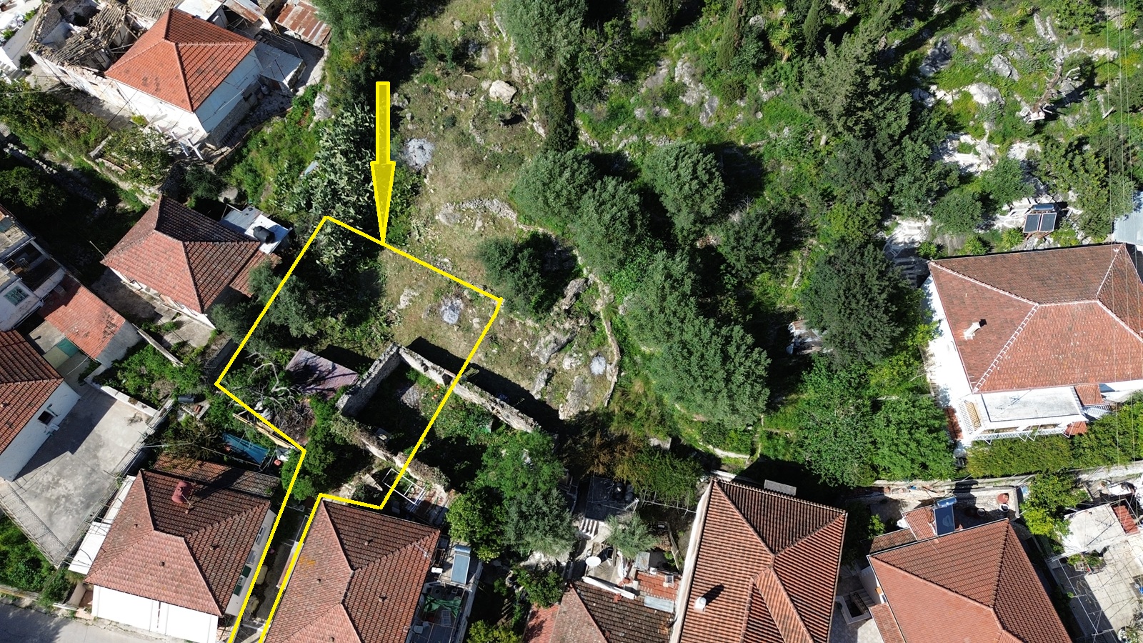 Aerial view with border of ruin for sale in Ithaca Greece, Vathi