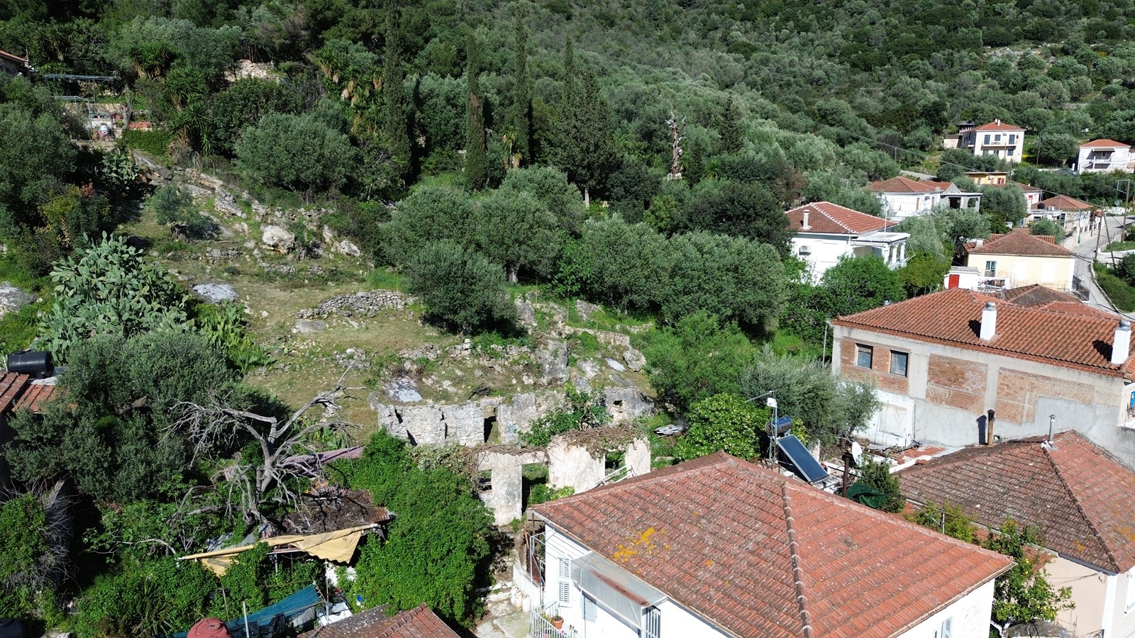 Aerial view of ruin for sale in Ithaca Greece, Vathi