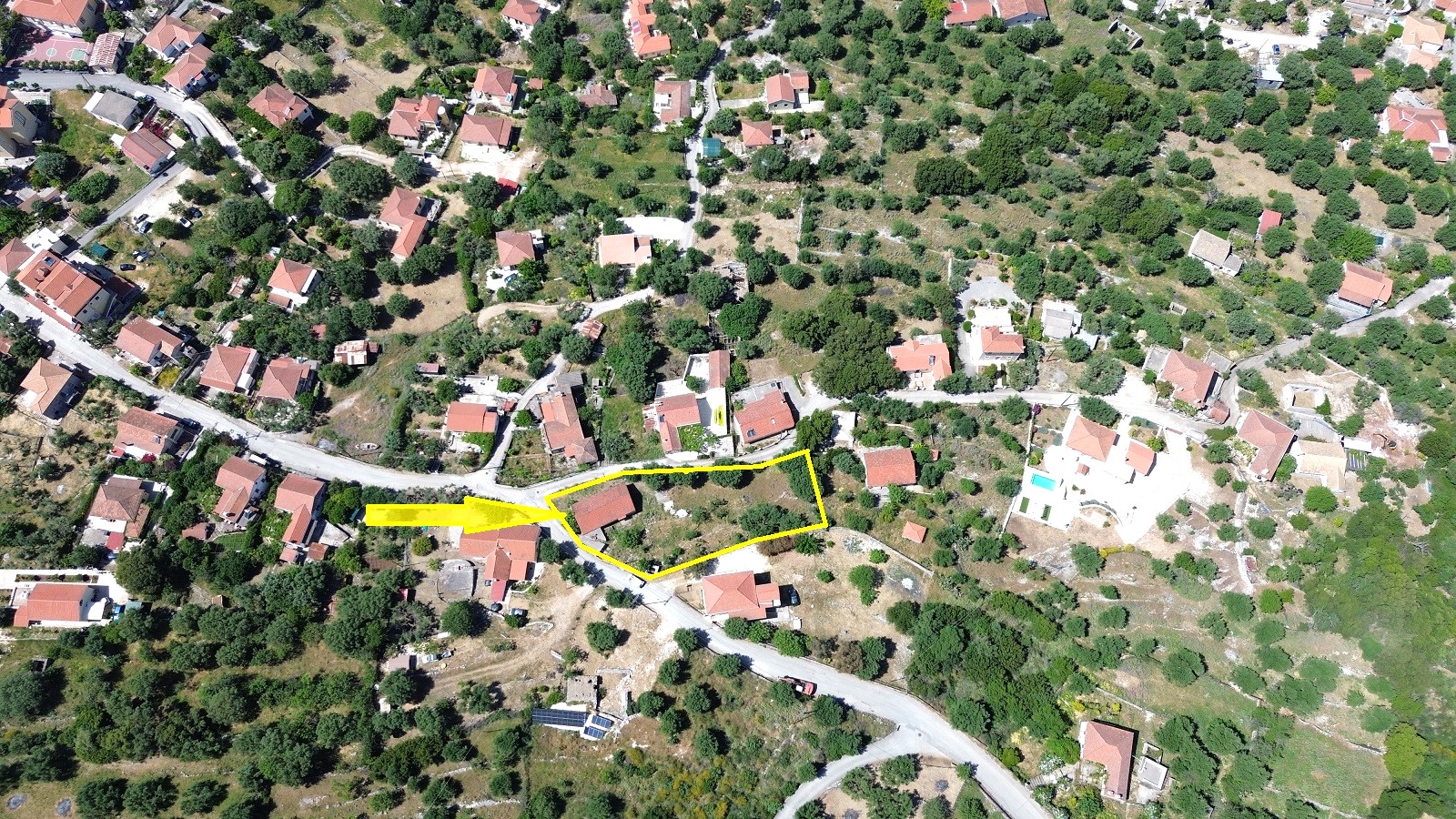 Aerial view and border of house with garden for sale in Ithaca Greece, Stavros