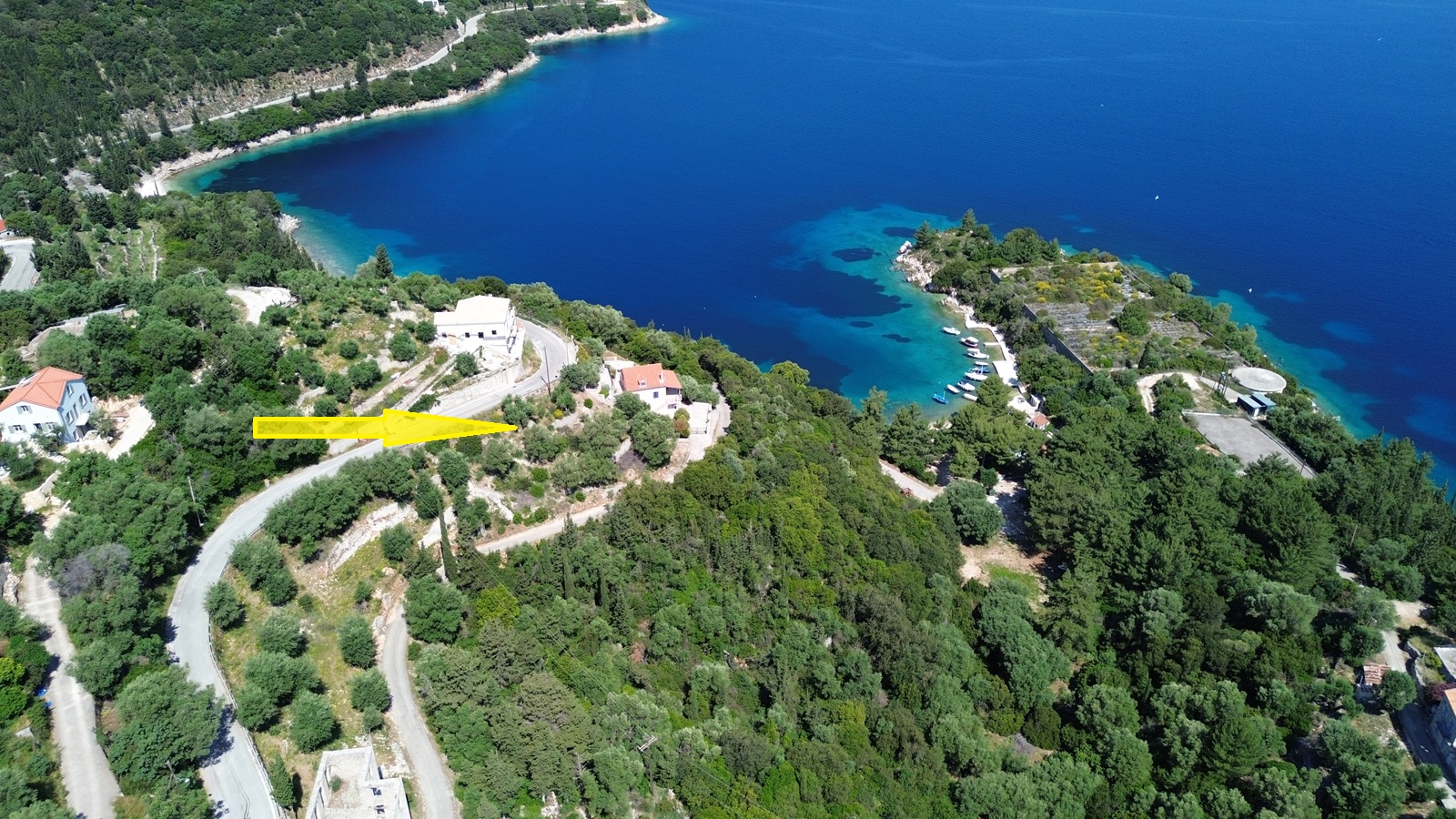 Aerial view and location of land for sale in Ithaca Greece, Kioni