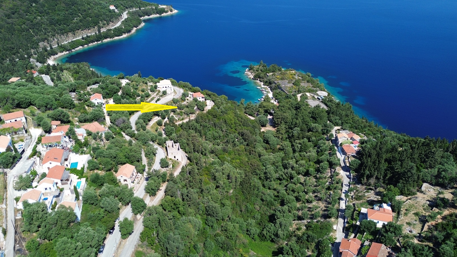 Aerial view and location of land for sale in Ithaca Greece, Kioni
