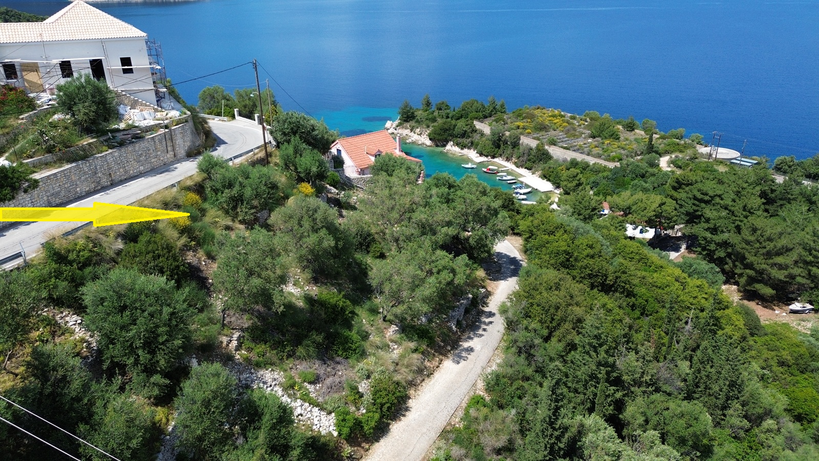 Aerial view and location of land for sale in Ithaca Greece, Kioni