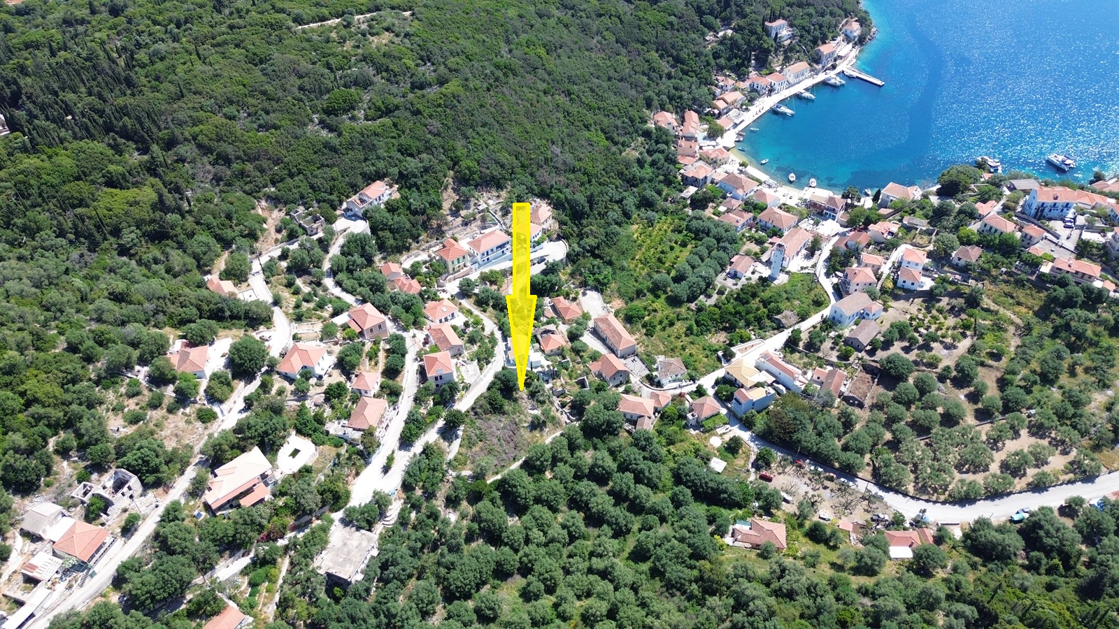 Aerial view and location of land for sale in Ithaca Greece, Kioni