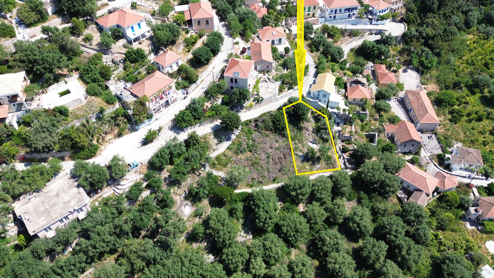Aerial view and border of land for sale in Ithaca Greece, Kioni