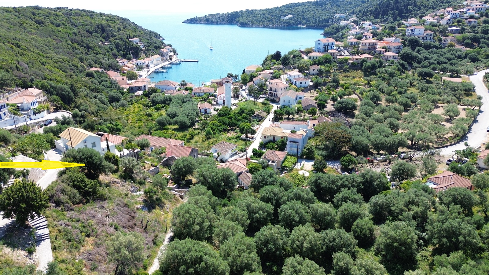 Aerial view and location of land for sale in Ithaca Greece, Kioni