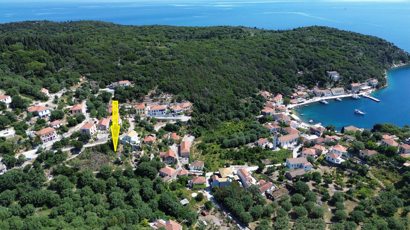 Aerial views and location of land for sale in Ithaca Greece, Kioni