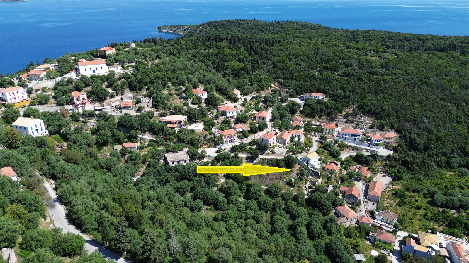 Aerial views and location of land for sale in Ithaca Greece, Kioni
