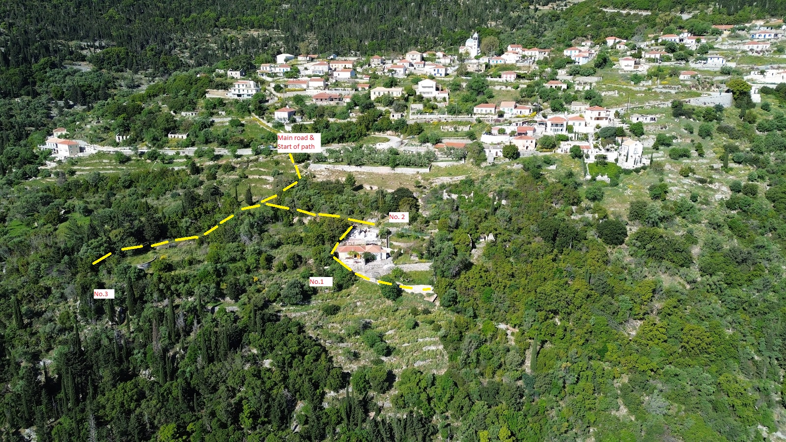 Aerial view and access paths to land for sale in Ithaca Greece, Exoghi